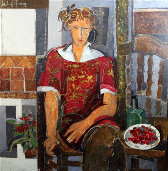 Alfredo Rolden Portrait of a woman seated beside a bowl of cherries 100 x 100cm